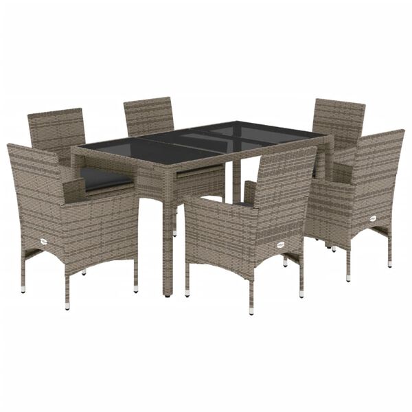 vidaXL Ensemble &agrave; manger de jardin et coussins 7 pcs gris rotin verre