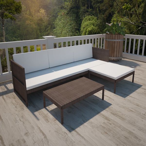 vidaXL Salon de jardin 3 pcs avec coussins Résine tressée Marron