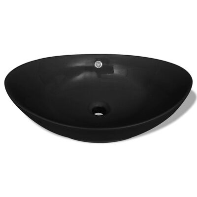 vidaXL Lavabo ovale en céramique noir avec trop plein 59 x 38,5 cm