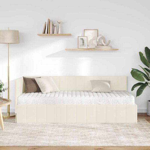 vidaXL Cadre de lit d'angle avec matelas 2 pcs Cr&egrave;me Velours