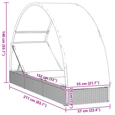 vidaXL Chaise longue avec toit rond marron 211x57x140cm résine tressée
