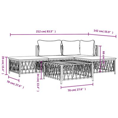 vidaXL Salon de jardin avec coussins 5 pcs blanc acier