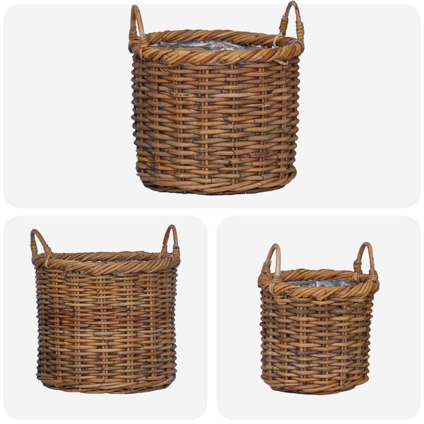 vidaXL Panier &agrave; plantes avec stockage 3 pcs Marron Rattan Kubu