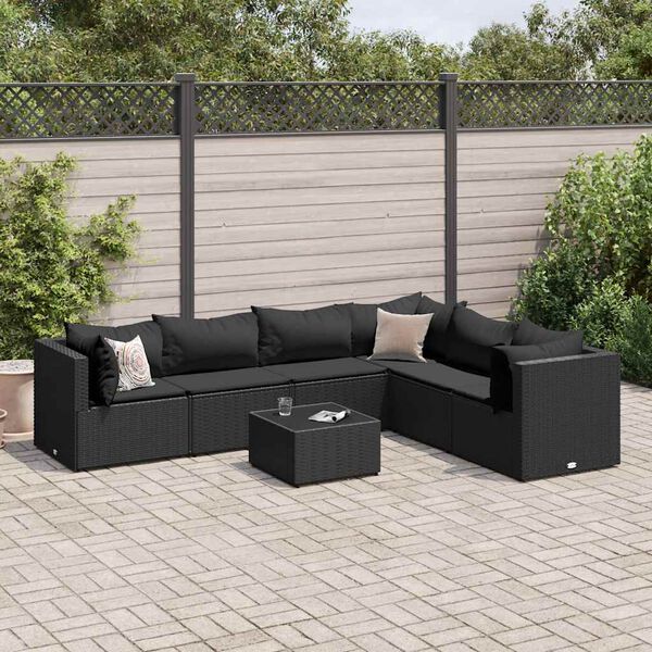 vidaXL Salon de jardin 7 pcs avec coussins Noir Résine tressée