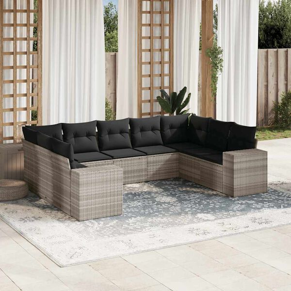 vidaXL Salon de jardin 9 pcs avec coussins gris clair r&eacute;sine tress&eacute;e