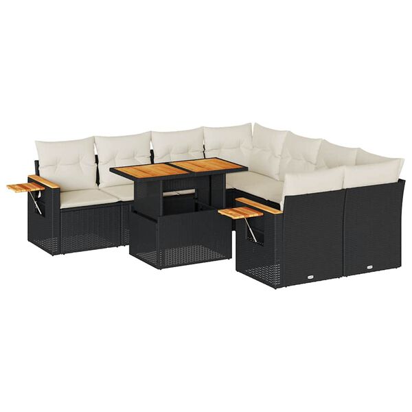 vidaXL Salon de jardin avec coussins 9 pcs noir r&eacute;sine tress&eacute;e acacia