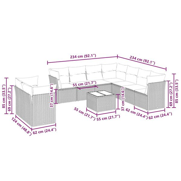 vidaXL Salon de jardin avec coussins 10 pcs gris clair résine tressée