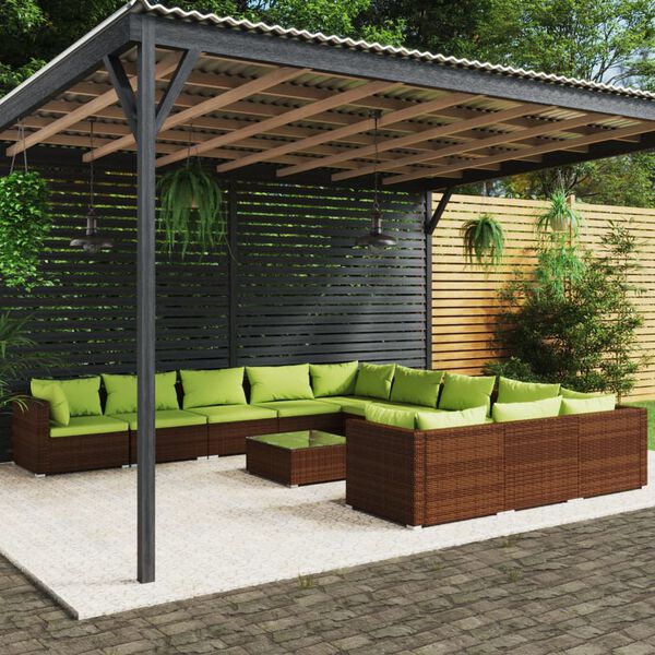 vidaXL Salon de jardin 12 pcs avec coussins Résine tressée Marron