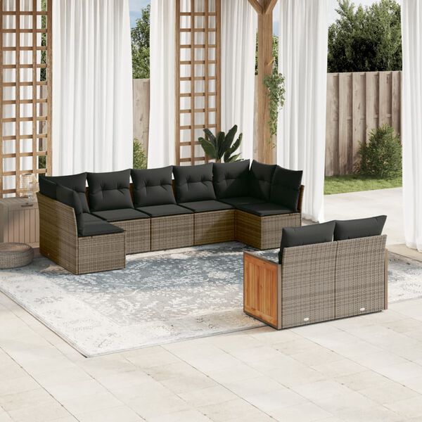 vidaXL Salon de jardin 9 pcs avec coussins gris r&eacute;sine tress&eacute;e