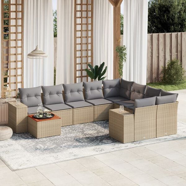 vidaXL Salon de jardin avec coussins 10 pcs beige r&eacute;sine tress&eacute;e
