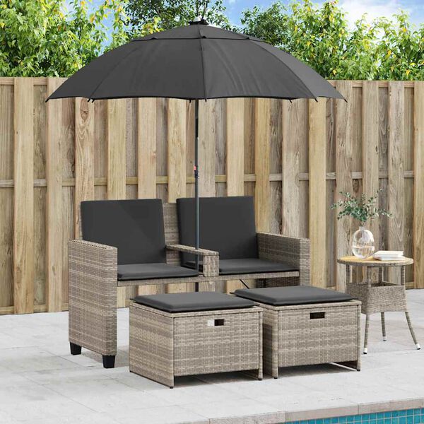 vidaXL Canapé de jardin 2 places et parasol tabourets gris clair rotin
