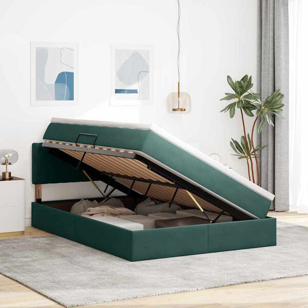 vidaXL Lit de Rangement avec matelas Vert fonc&eacute; 140 x 200 cm Velours