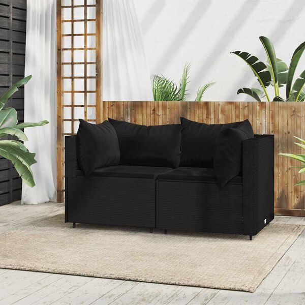 vidaXL Canap&eacute;s d'angle de jardin et coussins 2pcs Noir R&eacute;sine tress&eacute;e