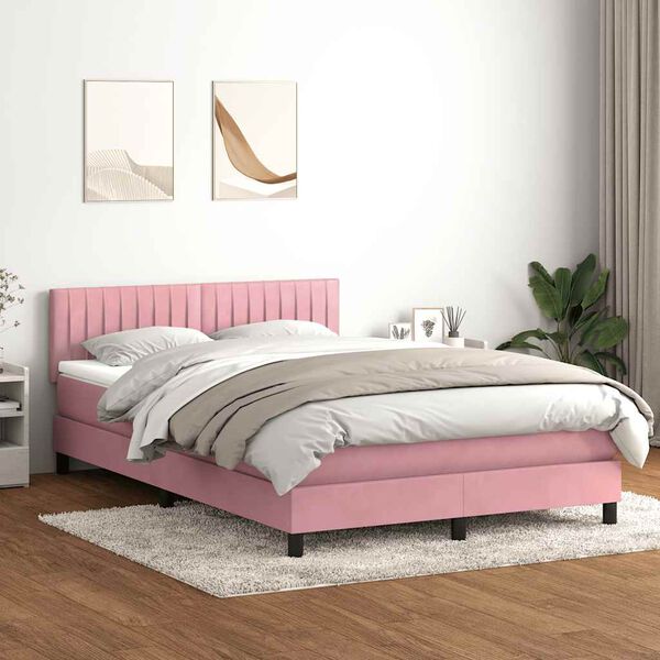 vidaXL Sommier &agrave; lattes de lit avec matelas et LED rose 140x220 cm velours