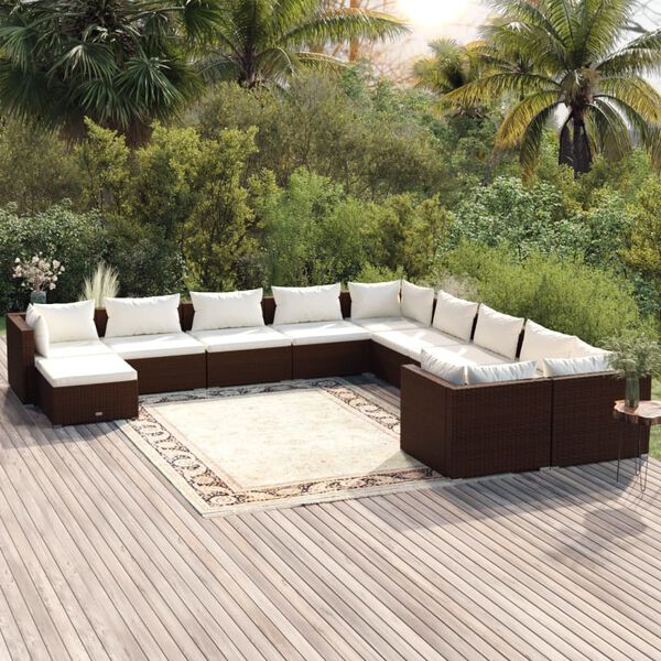 vidaXL Salon de jardin 11 pcs avec coussins R&eacute;sine tress&eacute;e Marron