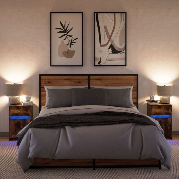 vidaXL Armoires de chevet et lumi&egrave;res LED 2 pcs ch&ecirc;ne fum&eacute;
