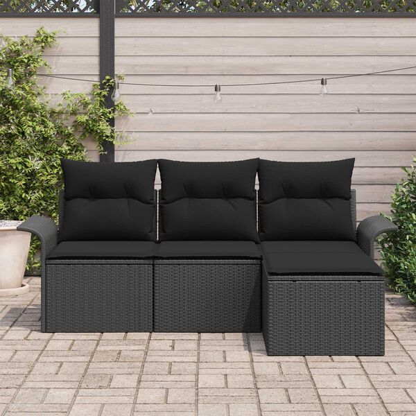 vidaXL Ensemble de canapé de jardin avec coussin 4 pcs Noir Poly rotin