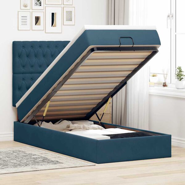 vidaXL Cadre de lit ottoman avec matelas bleu fonc&eacute; 100x200 cm velours