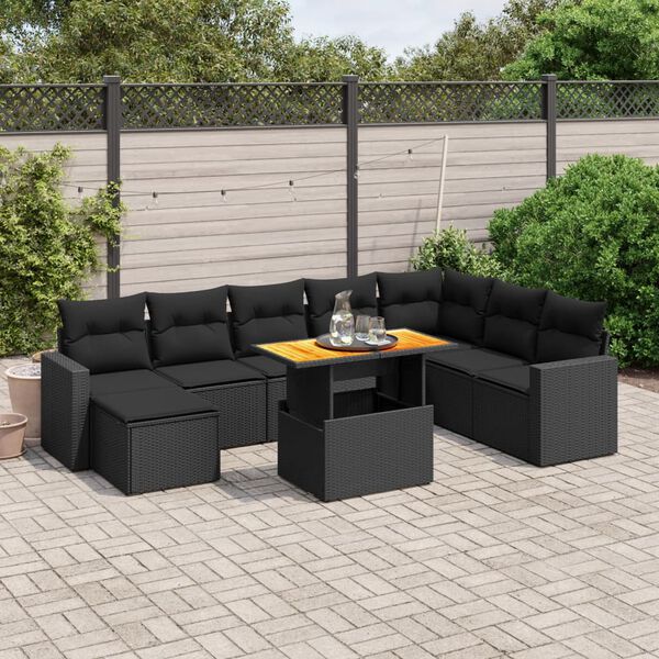 vidaXL Salon de jardin 9 pcs avec coussins noir r&eacute;sine tress&eacute;e