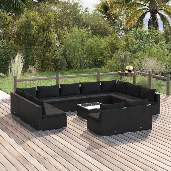vidaXL Salon de jardin 12 pcs avec coussins Noir Résine tressée