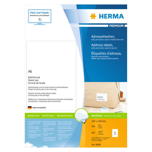 HERMA &Eacute;tiquettes d'adresse permanentes A6 105x148mm 800 feuilles Blanc