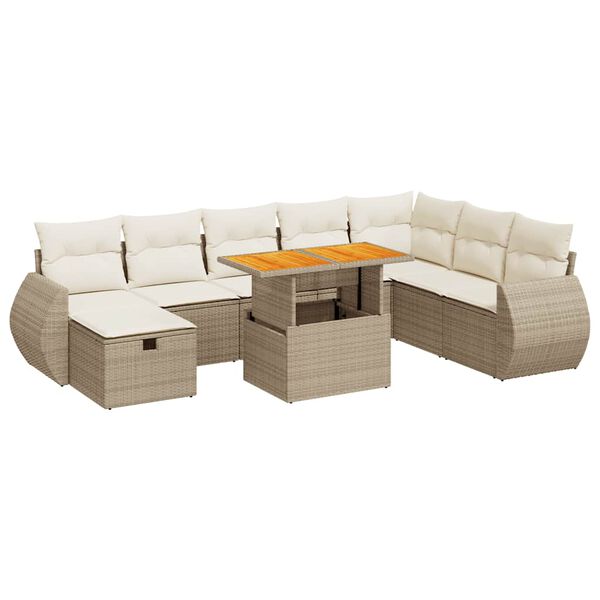 vidaXL Salon de jardin avec coussins 9 pcs beige r&eacute;sine tress&eacute;e acacia