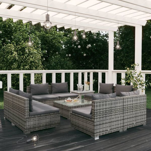 vidaXL Salon de jardin 9 pcs avec coussins R&eacute;sine tress&eacute;e Gris
