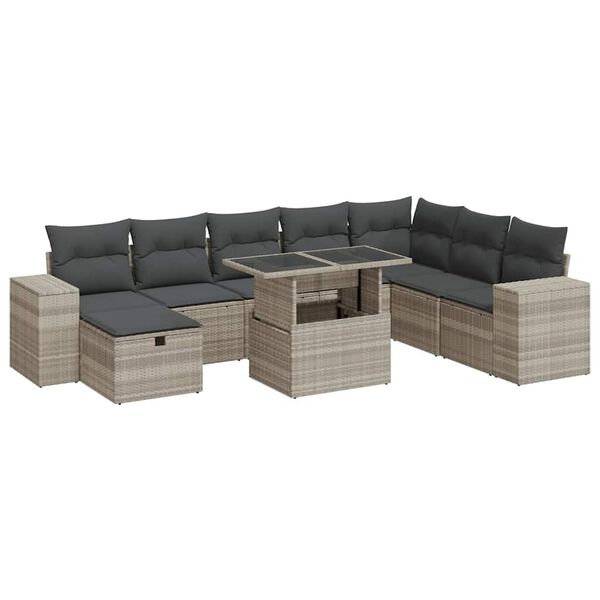 vidaXL Salon de jardin 9 pcs avec coussins gris clair r&eacute;sine tress&eacute;e