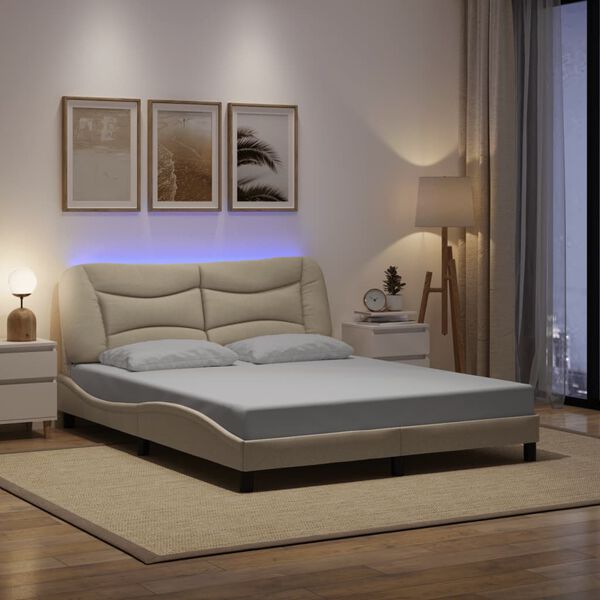 vidaXL Cadre de lit avec LED sans matelas Hvar cr&egrave;me 160x200 cm tissu