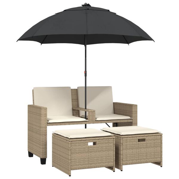 vidaXL Canapé de jardin 2 places avec parasol et tabourets beige rotin