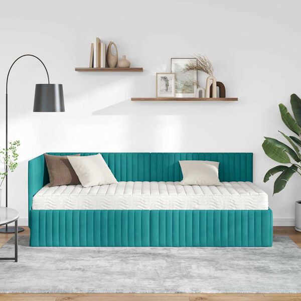 vidaXL Cadre de lit d'angle avec matelas 2 pcs Turquoise Velours