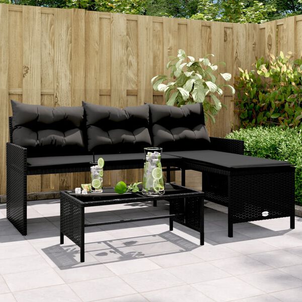 vidaXL Canapé de jardin avec table et coussins en forme de L noir