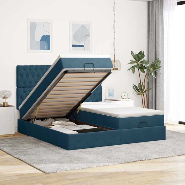 vidaXL Cadre de lit ottoman avec matelas bleu fonc&eacute; 200x200 cm velours