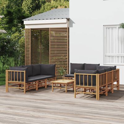 vidaXL Salon de jardin 9 pcs avec coussins gris foncé bambou