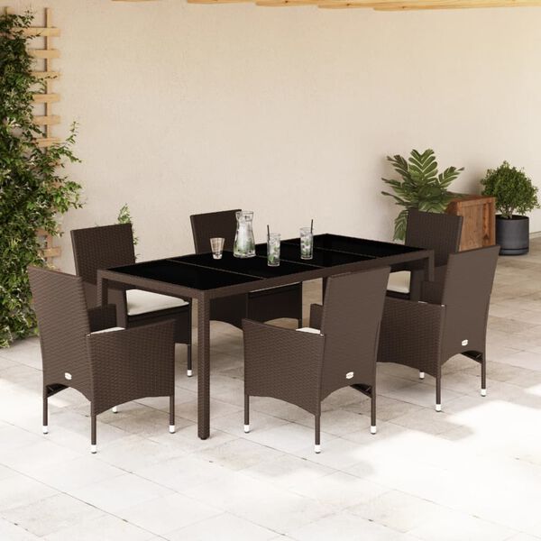 vidaXL Ensemble &agrave; manger de jardin et coussins 7pcs marron rotin verre