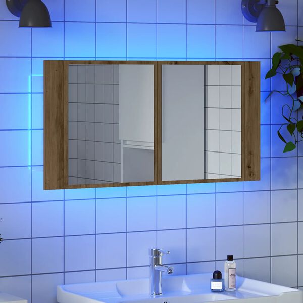 vidaXL Armoire &agrave; miroir LED ch&ecirc;ne artisanal 90x12x45cm bois ing&eacute;nierie
