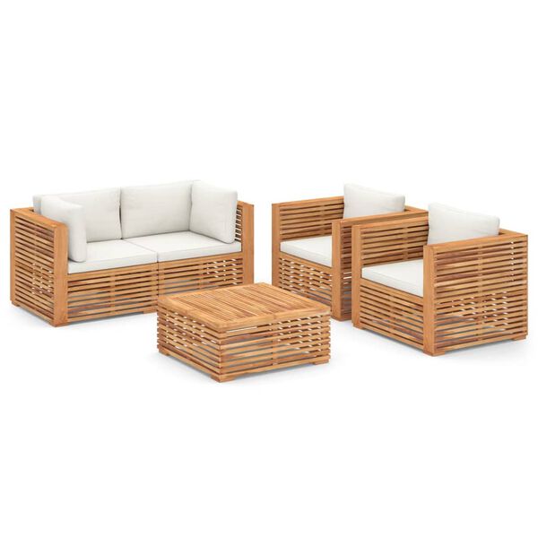 vidaXL Salon de jardin 5 pcs avec coussin cr&egrave;me bois de teck solide