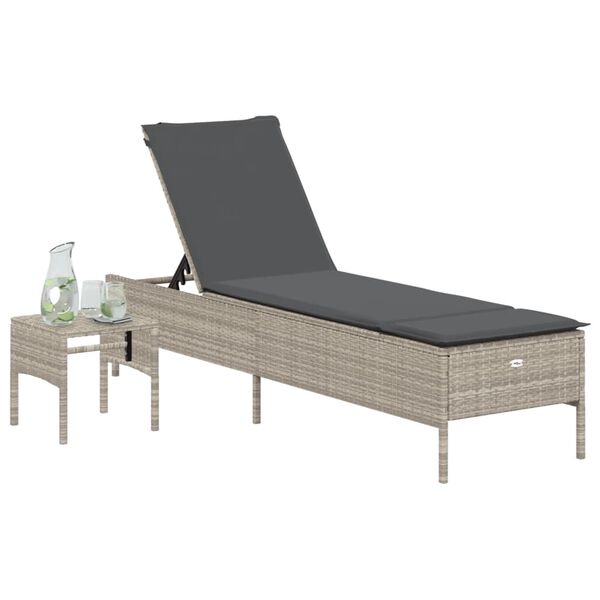 vidaXL Chaise longue avec table et coussin gris clair résine tressée