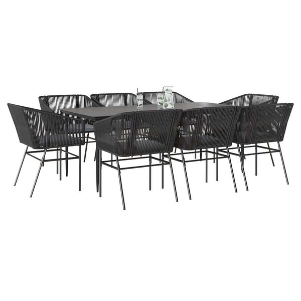 vidaXL Ensemble &agrave; manger de jardin coussins 9pcs noir poly rotin verre