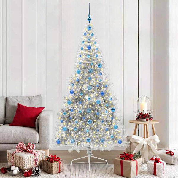 vidaXL Sapin de No&euml;l artificiel pr&eacute;-&eacute;clair&eacute; Argent 210 cm PET