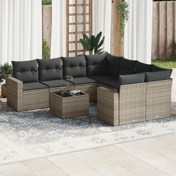 vidaXL Salon de jardin 9 pcs avec coussins gris r&eacute;sine tress&eacute;e