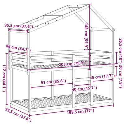 vidaXL Lit superposé avec toit cire marron 90x190cm bois massif de pin