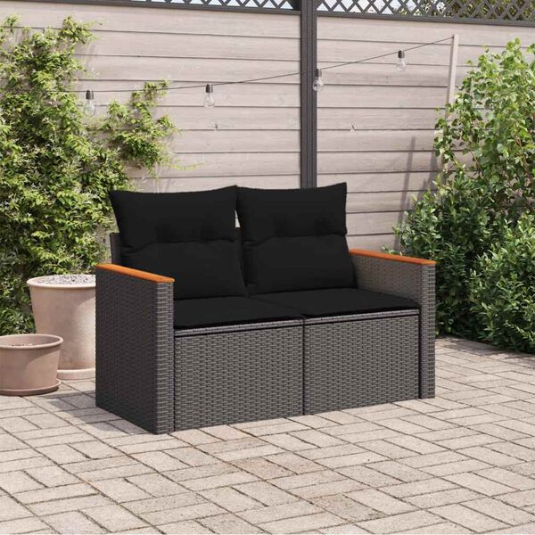 vidaXL Canap&eacute; de jardin avec coussins 2 places en polyrotin noir