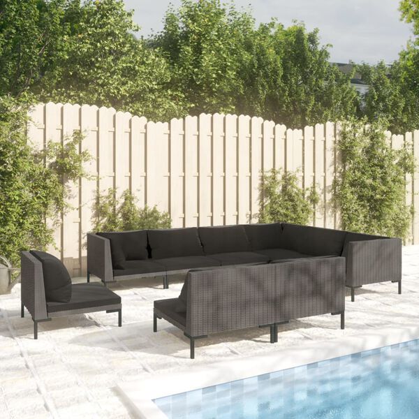 vidaXL Salon de jardin 9 pcs avec coussins R&eacute;sine tress&eacute;e Gris fonc&eacute;