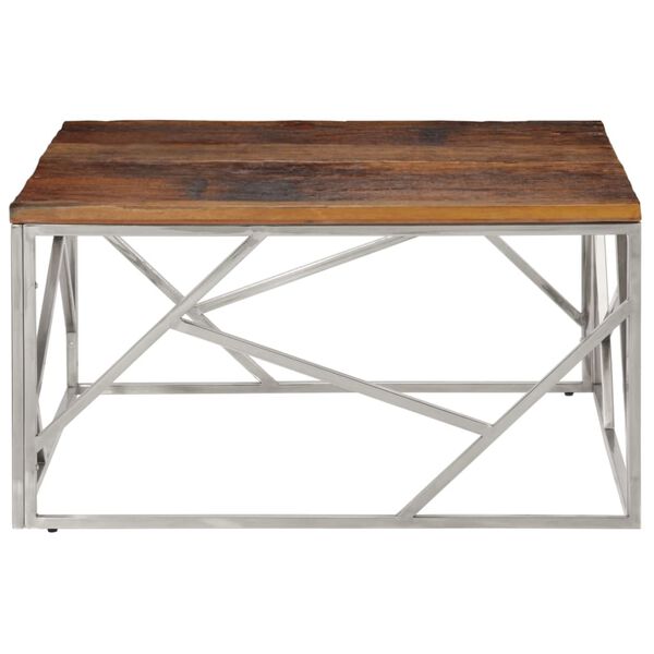 vidaXL Table basse argent&eacute; inox et bois de m&eacute;l&egrave;ze massif