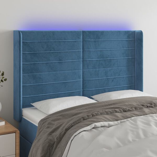 vidaXL T&ecirc;te de lit &agrave; LED Bleu fonc&eacute; 147x16x118/128 cm Velours