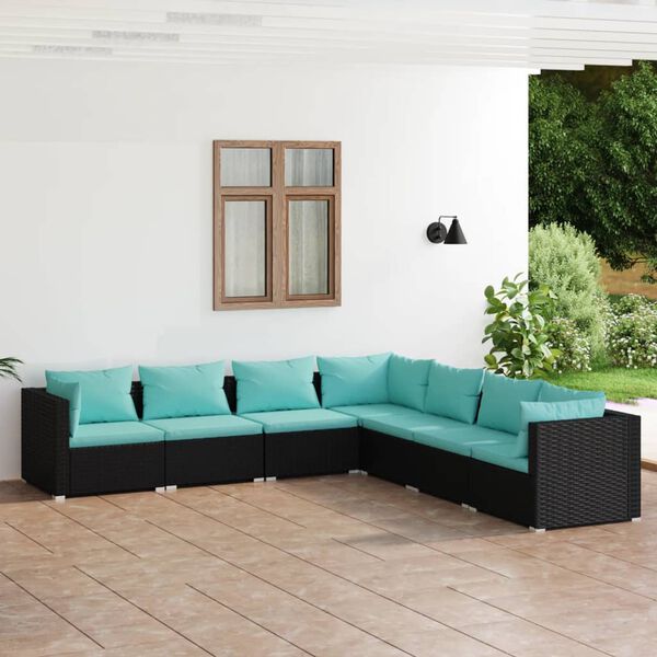 vidaXL Salon de jardin 7 pcs avec coussins R&eacute;sine tress&eacute;e Noir
