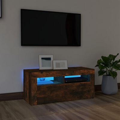 vidaXL Meuble TV avec lumières LED Chêne fumé 90x35x40 cm