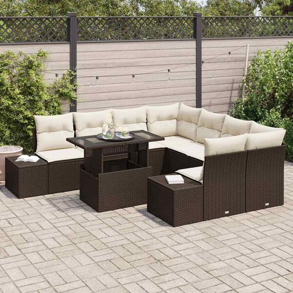 vidaXL Ensemble de canap&eacute; de jardin 9 pcs Marron et Cr&egrave;me polyrotin
