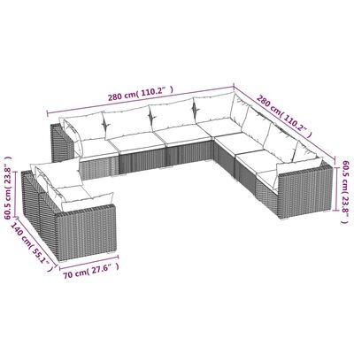 vidaXL Salon de jardin avec coussins 9 pcs marron résine tressée